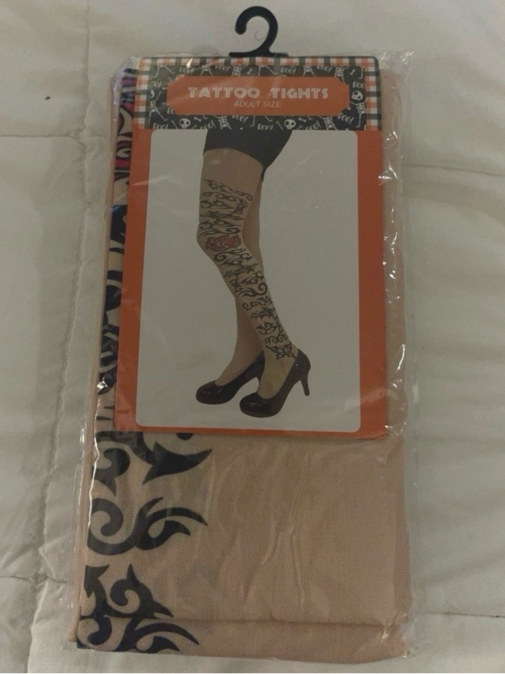 NIP Tattoo Tights Sheer Beige Stockings w/ Black Tattoo Print - Adult Size